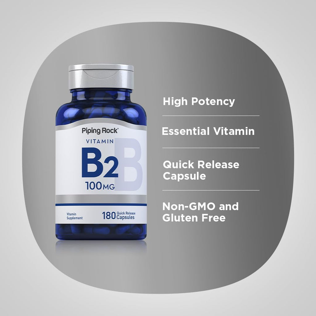 Piping Rock Vitamina B2 100mg | 180 Cápsulas | Riboflavina | Suplemento Vegetariano, No OGM, Sin Gluten