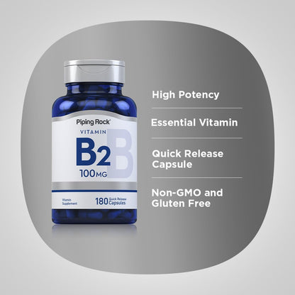 Piping Rock Vitamina B2 100mg | 180 Cápsulas | Riboflavina | Suplemento Vegetariano, No OGM, Sin Gluten – Image 4