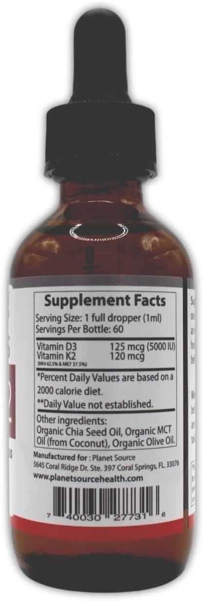 Gotas de Vitamina D3 y K2 para el Soporte Óseo, 5000 UI, 120 mcg