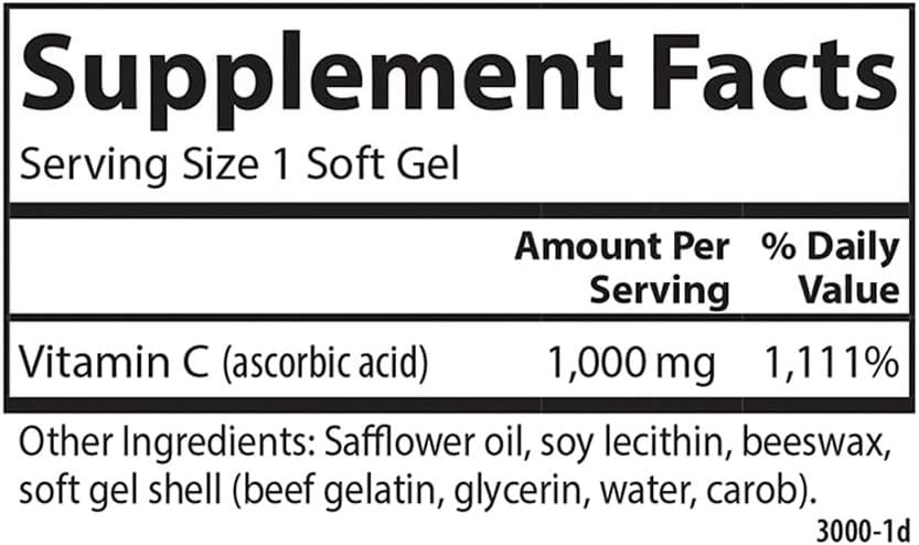 Carlson C-Gel, Vitamina C 1000 mg, Apoyo Inmunitario y Salud de los Tejidos, Antioxidante, 60 Softgels