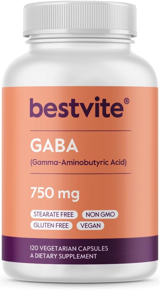 BESTVITE GABA 750 mg por cápsula (120 cápsulas vegetales) - Sin estearatos - Sin rellenos - Vegano - Sin gluten - Sin OMG
