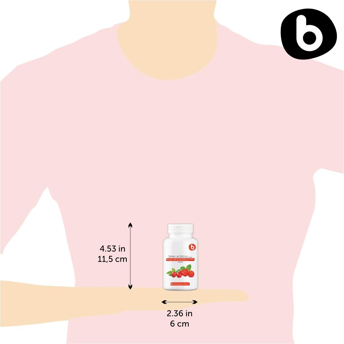 b Natural Cápsulas de Rosa Mosqueta y Acerola - Vitamina C vegetal 1000 mg - Sin ácido ascórbico - 90 cápsulas veganas