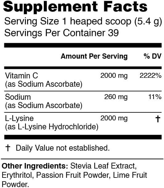 High-Dosed 2000mg Vitamin C & L-Lysine Drink Mix Powder | Sabor Maracuyá y Lima | 210g