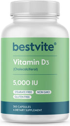 BESTVITE Vitamina D3 5000 UI (365 Cápsulas) - Sin Estearatos - No GMO - Sin Gluten