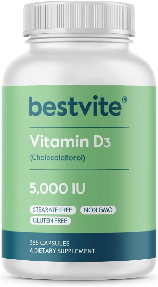 BESTVITE Vitamina D3 5000 UI (365 Cápsulas) - Sin Estearatos - No GMO - Sin Gluten
