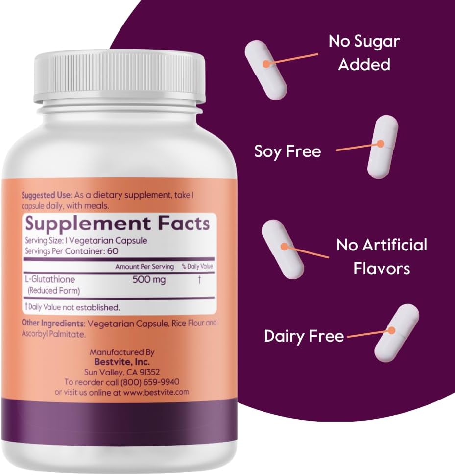 BESTVITE L-Glutathione 500mg, 60 Vegetable Capsules - Stearate-Free - Vegan - Non-GMO - Gluten-Free