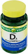 Vitamina D3 10 mcg (400 UI), 200 cápsulas blandas - Complemento alimenticio (Paquete de 1)