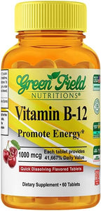 Greenfield Nutritions Vitamina B12 Halal 1000mcg - 60 Comprimidos Sublinguales Sabor Cereza