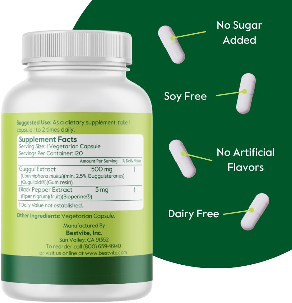 BESTVITE Guggul Extract 500mg, 120 Vegetable Capsules