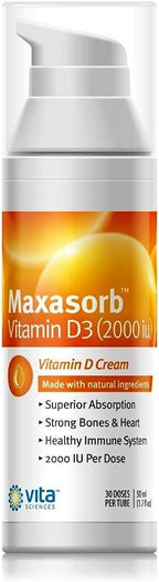Vita Sciences Maxasorb Vitamin D3 Cream 2000 IU – Topical, Fast Absorption, 1.7 oz