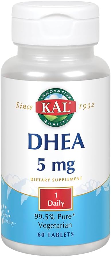 KAL DHEA 5 mg Comprimidos - Suplemento de DHEA Pura para Mujeres y Hombres, 99.5% Pureza, Vegetariano - 60 Comprimidos
