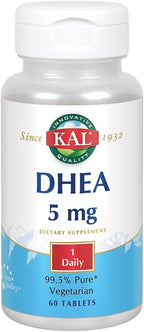 KAL DHEA 5 mg Comprimidos - Suplemento de DHEA Pura para Mujeres y Hombres, 99.5% Pureza, Vegetariano - 60 Comprimidos