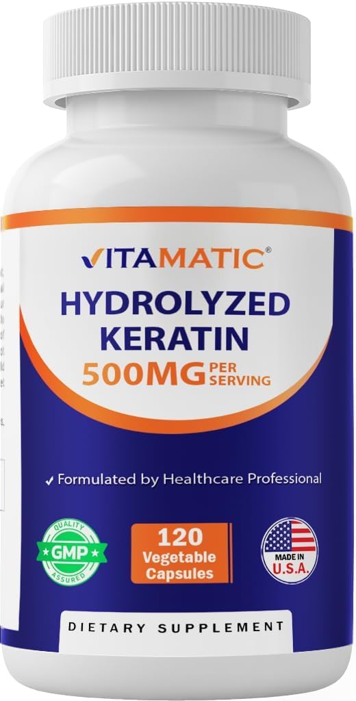 Vitamatic Queratina Hidrolizada 500mg por ración - 120 Cápsulas Vegetarianas - Suplemento de Queratina para Cabello, Piel y Uñas