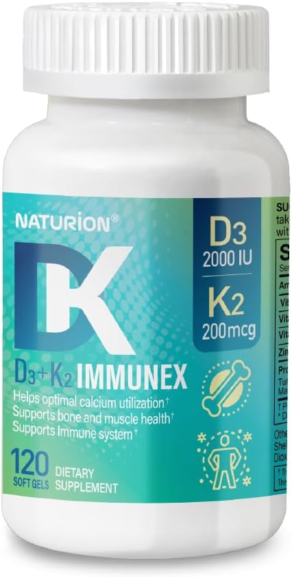 NATURION D3+K2 IMMUNEX – Vitamina D3 2000 UI, K1 25 mcg, K2 200 mcg, Zinc 6.25 mg, DK Blend 31 mg – 120 Cápsulas Blandas