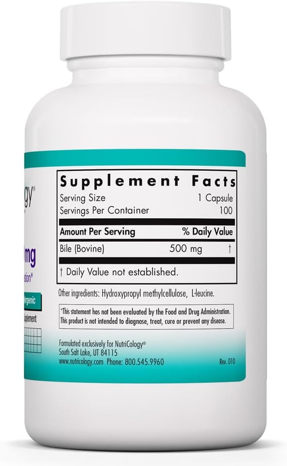 NutriCology Bilis de Buey 500 mg - Concentrado de Bilis de Buey - 180 Cápsulas Vegetarianas