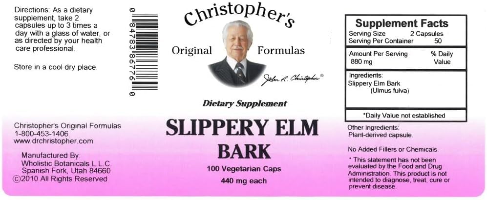 Christopher's Original Formulas Slippery Elm, Natural Digestive Support, 100 Vegetable Capsules