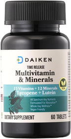 DAIKEN Mini Multivitamin, 60 Comprimidos, con Luteína, Licopeno y Ácido Fólico, Multivitamínico de Liberación Prolongada para Mujeres y Hombres, Vegano y Fácil de Tragar (Pack de 2)