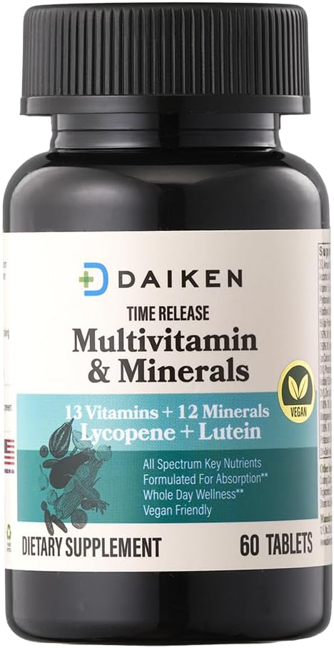 DAIKEN Mini Multivitamin, 60 Comprimidos, con Luteína, Licopeno y Ácido Fólico, Multivitamínico de Liberación Prolongada para Mujeres y Hombres, Vegano y Fácil de Tragar (Pack de 2)