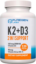 2 en 1 Alta Potencia – 90 mcg Vitamina K2 (MK-7) y 5000 UI Vitamina D3 – 120 Cápsulas