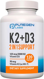 2 en 1 Alta Potencia – 90 mcg Vitamina K2 (MK-7) y 5000 UI Vitamina D3 – 120 Cápsulas