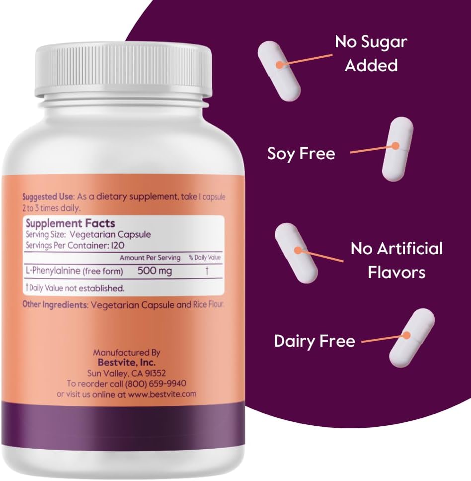 BESTVITE L-Fenilalanina 500 mg (120 Cápsulas Vegetarianas) - Sin estearatos - Vegano - Sin gluten - Sin OGM