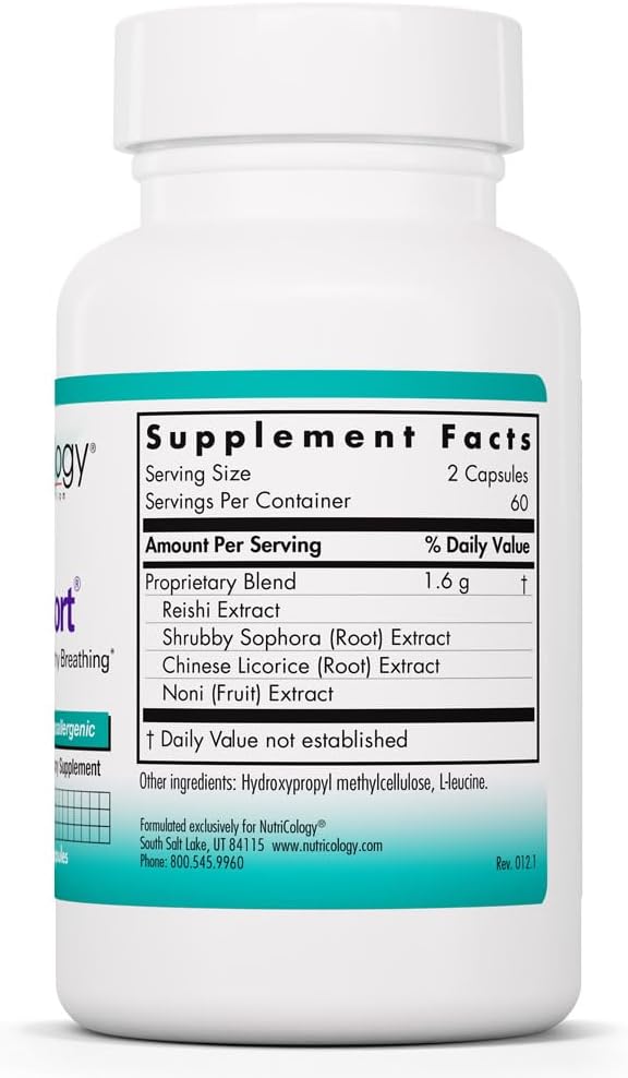 Nutricology PhytoCort — Fórmula Herbal para Apoyo Respiratorio y Pulmonar, con Reishi, Regaliz y Noni, 120 Cápsulas Vegetales