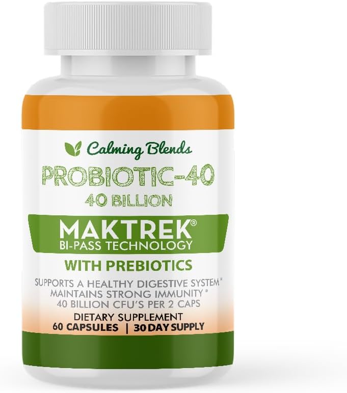 CALMING BLENDS Probiótico, 40 Mil Millones UFC, Sistema de Liberación Bi-Pass, Estable en Estante, 60 Cápsulas Vegetales