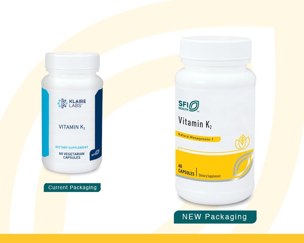 Klaire Labs SFI Health Vitamina K2-50 Microgramos como Menaquinona-7 MK-7, Sin Soja, Gluten ni Lácteos (60 Cápsulas)