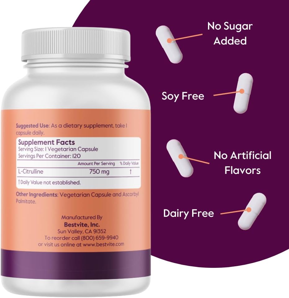 BESTVITE L-Citrulina 750mg por Cápsula (120 Cápsulas Vegetarianas) - Sin Estearatos - Sin Sílice - Sin Rellenos - No GMO - Sin Gluten - Vegano
