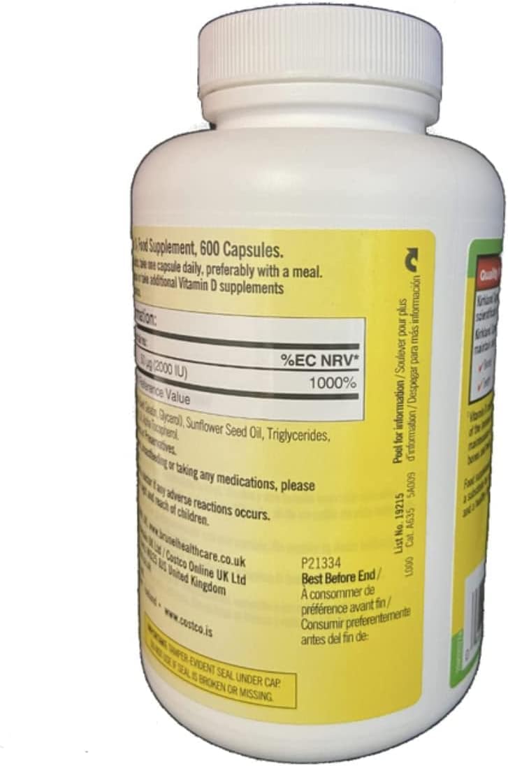 Kirkland Vitamina D3 de Máxima Potencia, 600 Cápsulas Blandas (Paquete de 2)
