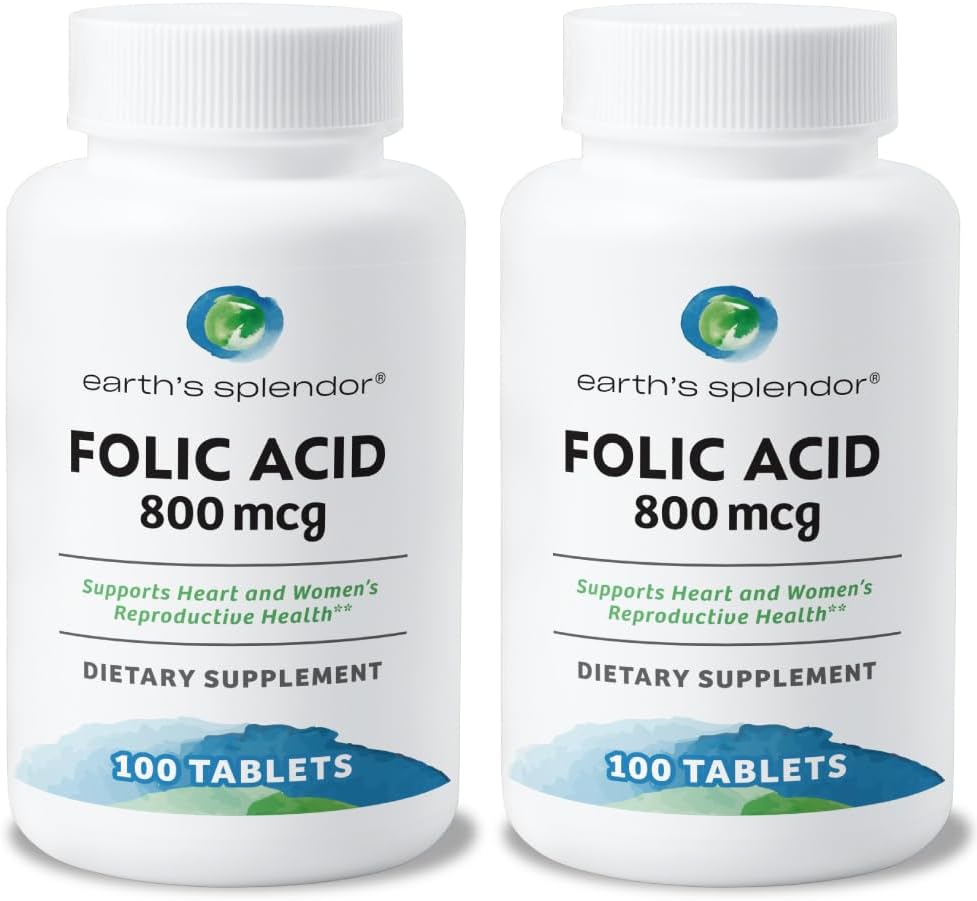 Ácido Fólico 800 mcg, 200 Comprimidos (Paquete de 2) - Earth's Splendor