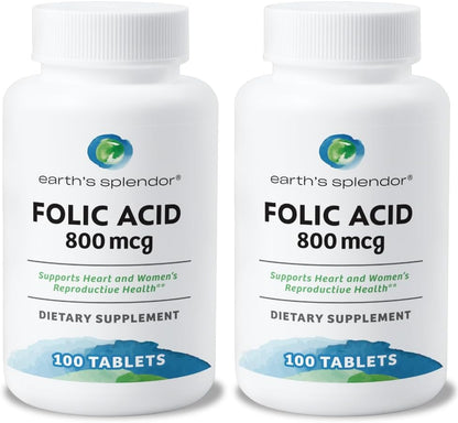 Ácido Fólico 800 mcg, 200 Comprimidos (Paquete de 2) - Earth's Splendor