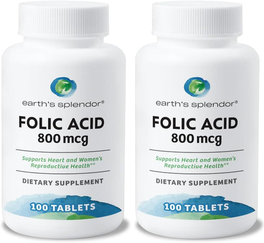 Ácido Fólico 800 mcg, 200 Comprimidos (Paquete de 2) - Earth's Splendor