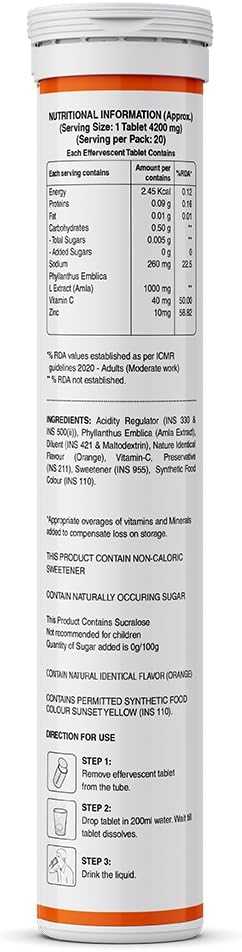 Pure Nutrition Vitamina C y Zinc, 40 Comprimidos Efervescentes (20 x 2), Sabor Naranja, 1000mg Extracto de Amla, Apoya la Piel, Inmunidad y Bienestar Diario para Hombres y Mujeres