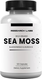 Research Labs Cápsulas de Musgo Irlandés Orgánico, Silvestre, con Bladderwrack y Raíz de Bardana, 120 Cápsulas