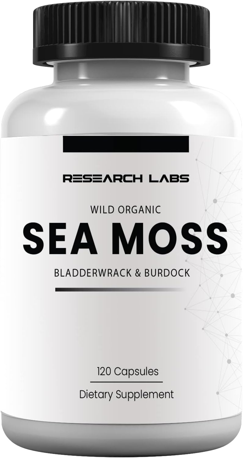 Research Labs Cápsulas de Musgo Irlandés Orgánico, Silvestre, con Bladderwrack y Raíz de Bardana, 120 Cápsulas