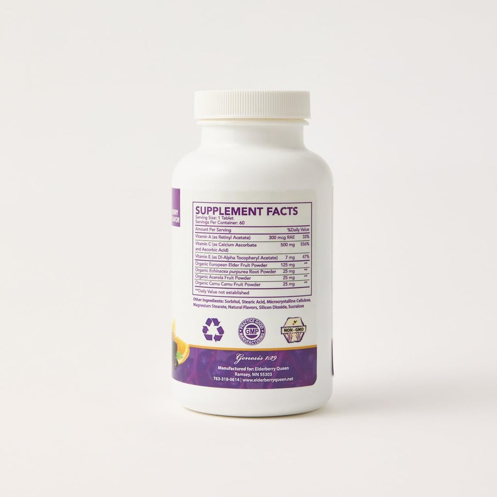 Elderberry Queen Chewable Vitamin C 500mg - Immune Boost & Antioxidant Support Tablets with Vitamin A, E & Organic Echinacea, Elder Fruit, Acerola - Natural Dietary Supplement, 60 Count