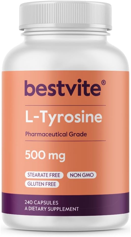 BESTVITE L-Tirosina 500mg (240 Cápsulas) - Sin Estearatos - No Transgénico - Sin Gluten
