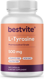 BESTVITE L-Tirosina 500mg (240 Cápsulas) - Sin Estearatos - No Transgénico - Sin Gluten