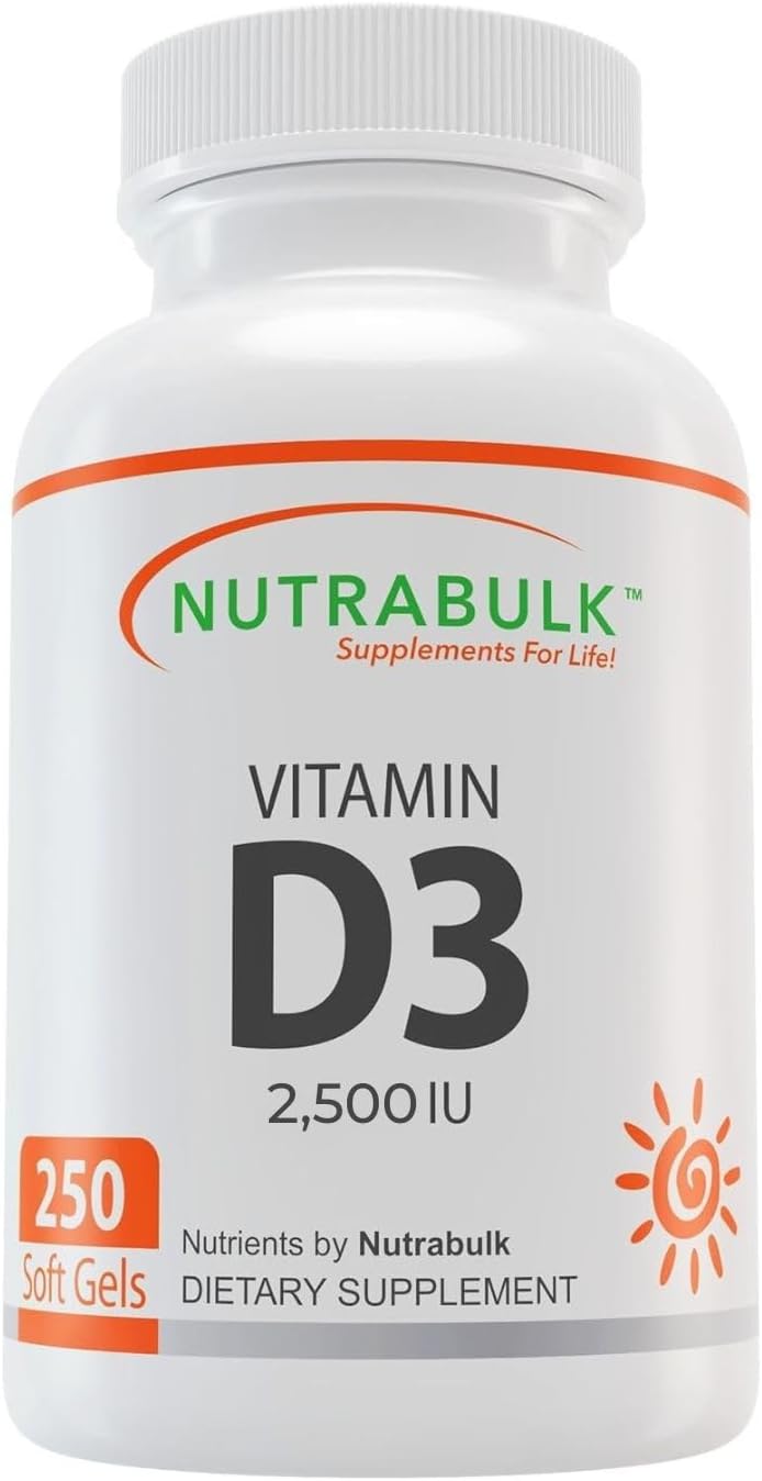 NutraBulk Vitamina D3 2500 UI - 250 Cápsulas Blandas - Alta Potencia - No-GMO, Sin Gluten, Hecho en EE.UU.