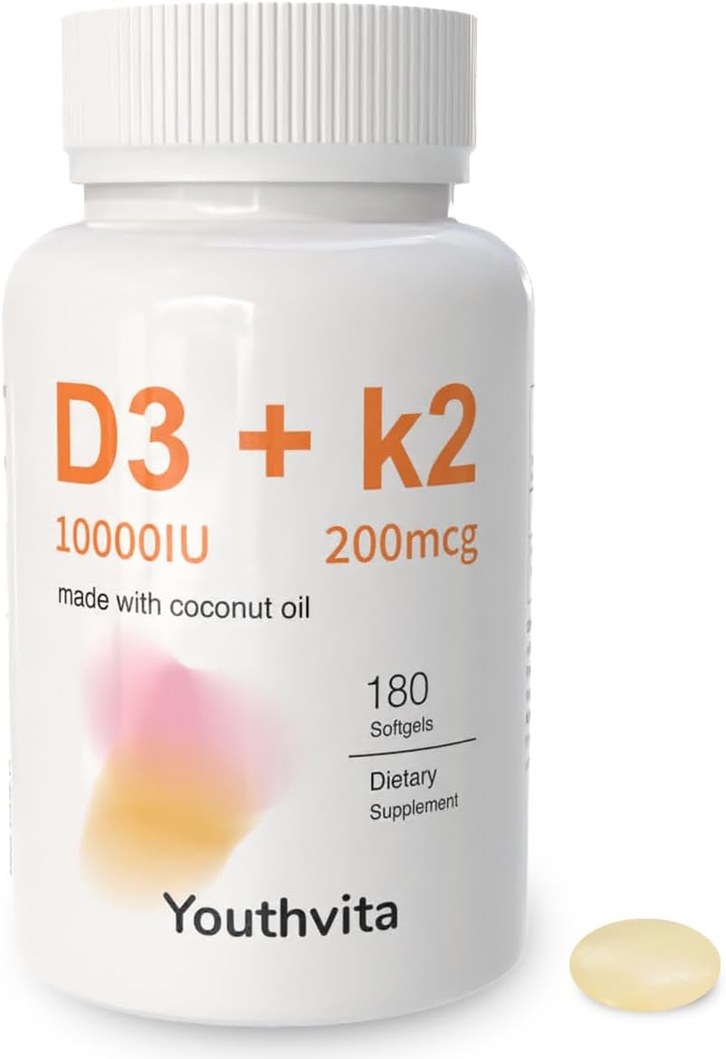 YOUTHVITA Vitamina D3 10000 UI y K2 (MK7) 200 mcg – 180 Cápsulas Blandas con Aceite de Coco MCT