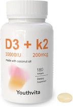 YOUTHVITA Vitamina D3 10000 UI y K2 (MK7) 200 mcg – 180 Cápsulas Blandas con Aceite de Coco MCT