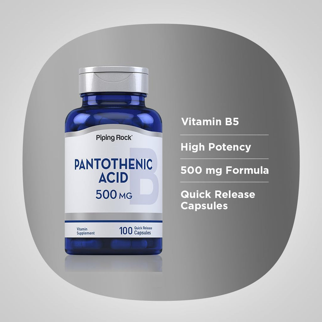 Piping Rock Ácido Pantoténico 500 mg | 100 Cápsulas | como D-Pantotenato Cálcico | Sin OGM, Sin Gluten