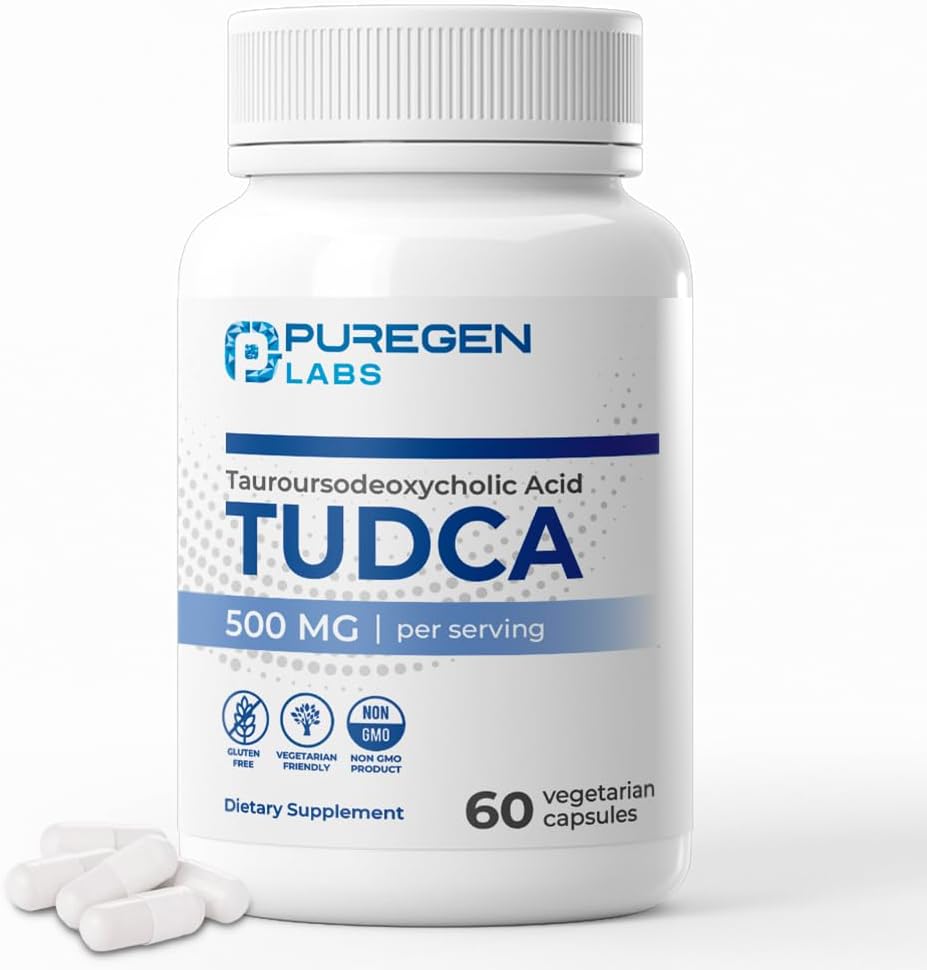 Puregen Labs TUDCA (Ácido Tauroursodesoxicólico) 500mg por dosis - Sales biliares para el hígado - Sin aditivos nocivos - No transgénico - Sin gluten - 60 cápsulas vegetarianas