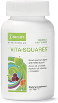 NeoLife Vita-Squares - Multivitamínico infantil masticable con 18 vitaminas y minerales, hierro, zinc, vitamina D3, complejo B, vitaminas C y E, sabor bayas cítricos, 180 comprimidos