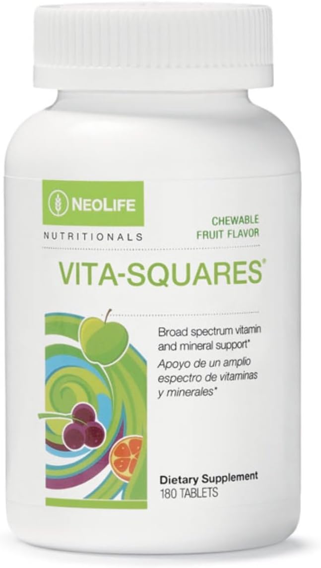 NeoLife Vita-Squares - Multivitamínico infantil masticable con 18 vitaminas y minerales, hierro, zinc, vitamina D3, complejo B, vitaminas C y E, sabor bayas cítricos, 180 comprimidos