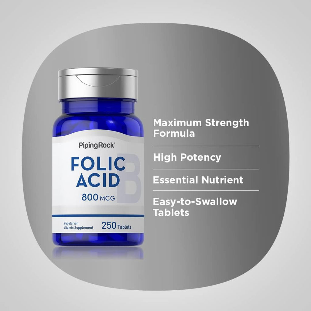 Piping Rock Ácido Fólico 800 mcg – 250 Comprimidos – Complemento Alimenticio para Mujeres y Hombres – Alta Potencia – Vegetariano, Sin Gluten
