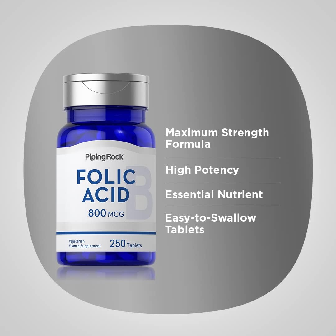 Piping Rock Ácido Fólico 800 mcg – 250 Comprimidos – Complemento Alimenticio para Mujeres y Hombres – Alta Potencia – Vegetariano, Sin Gluten