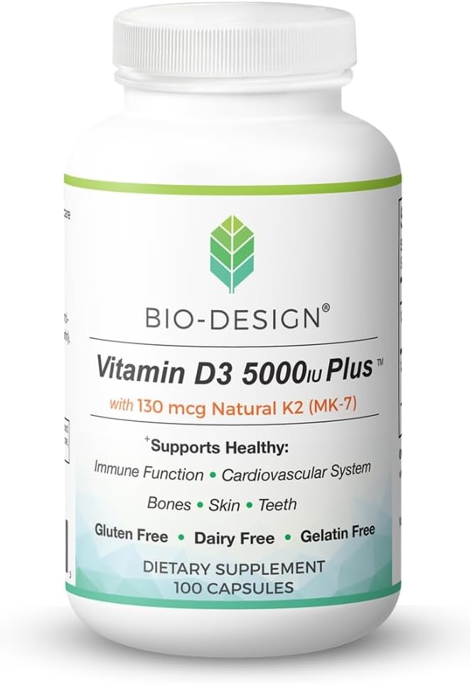 Bio-Design Vitamina D3 5000 UI + K2 MK-7 130 mcg - Apoyo Inmune, Huesos y Corazón - 100 Cápsulas