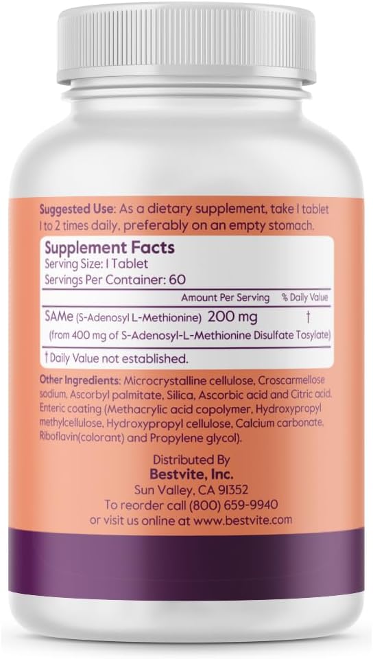 BESTVITE SAM-e 200mg (60 Tabletas) - Ingrediente Premium de Italia